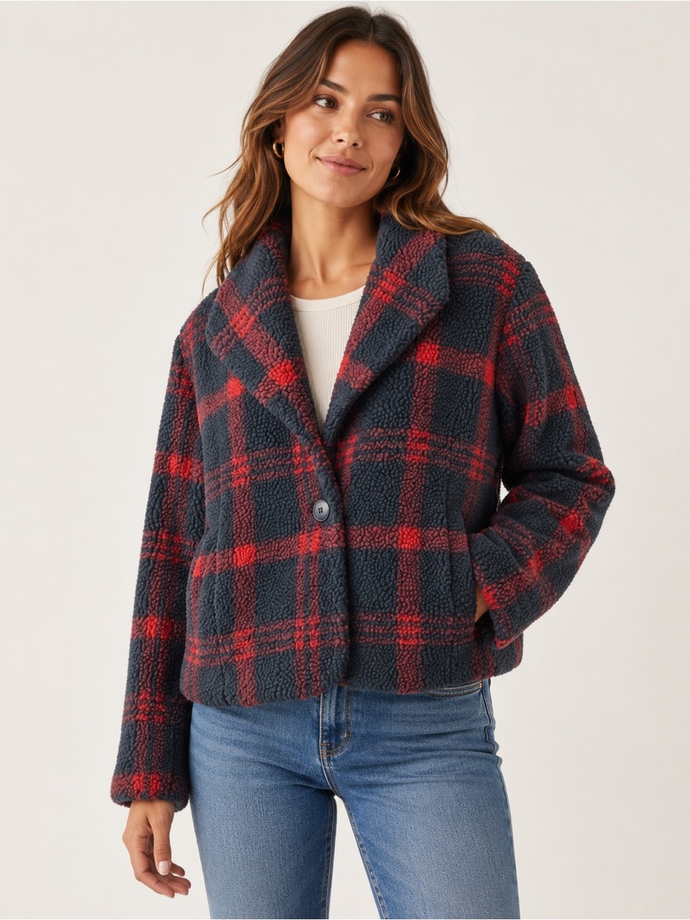Sanctuary‎ Jacket Blue Red Plaid Sherpa Collared Button Front Size Medium